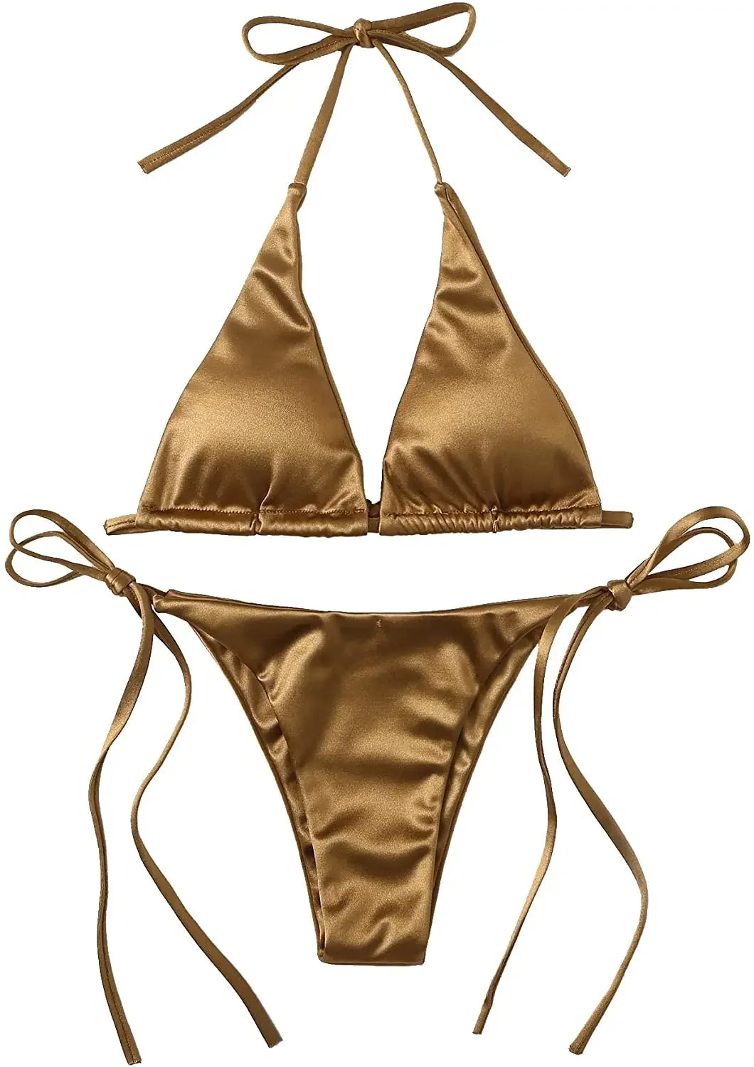 Two-piece Brazilian metallic satin bikini set with halter top and high-cut bottoms from The Clothing Company Sydney, perfect for beachwear.