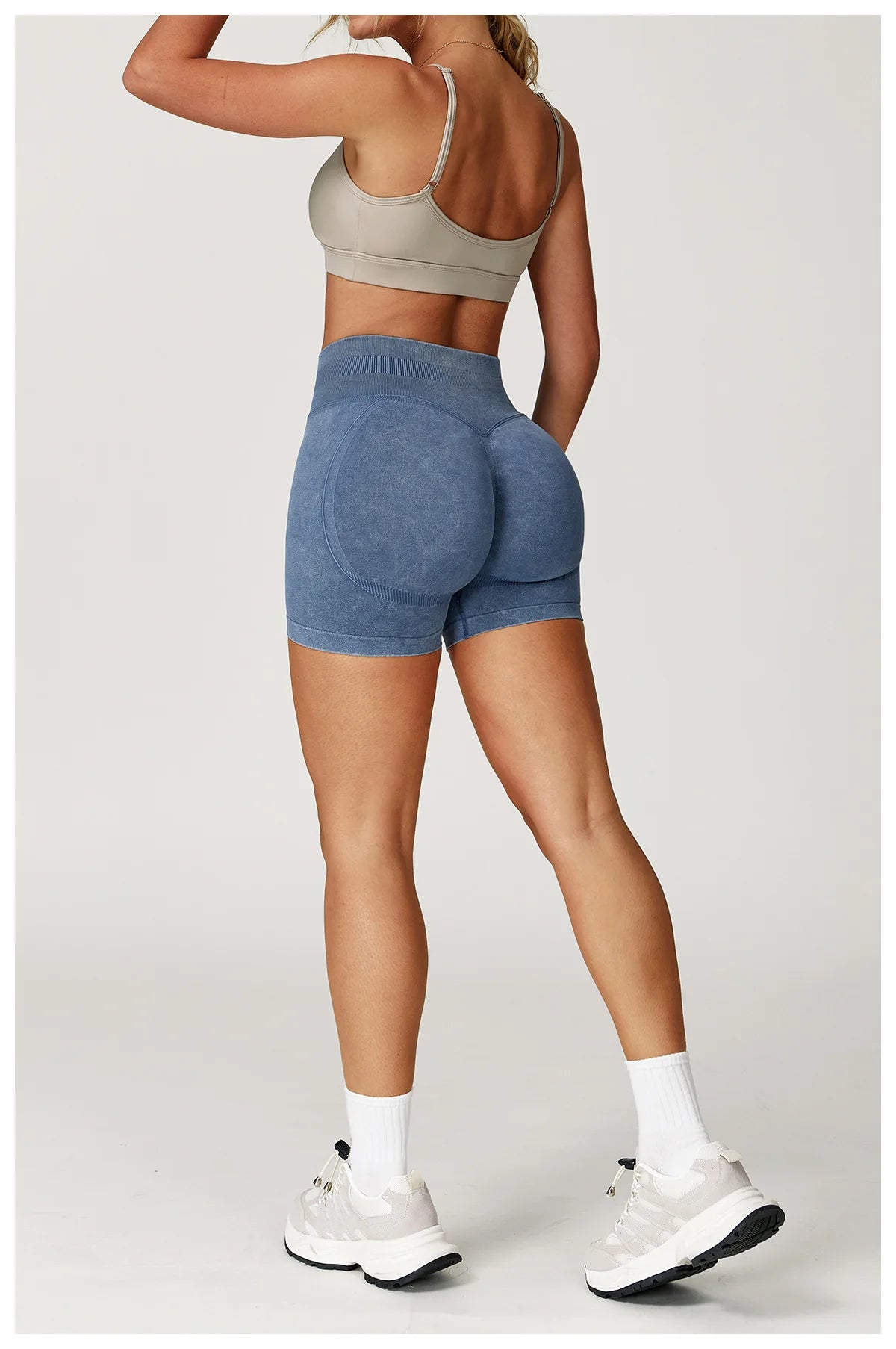 High waist yoga bicycle shorts for women by The Clothing Company Sydney, sand-washed fitness shorts for yoga, running, and gym workouts