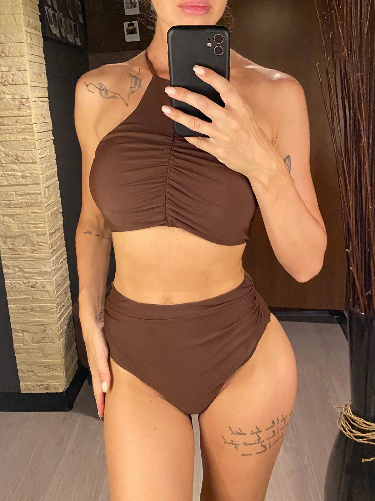 Halter high neck, wrinkled high waist bikini set for women, stylish two-piece swimwear from The Clothing Company Sydney.