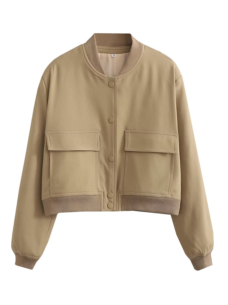Women's bomber jacket from The Clothing Company Sydney, featuring a stylish silhouette and classic design in neutral fabric.