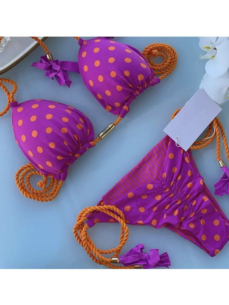 Backless women's bikini swimsuit with rope triangle top, stylish swimwear from The Clothing Company Sydney featuring vibrant design.