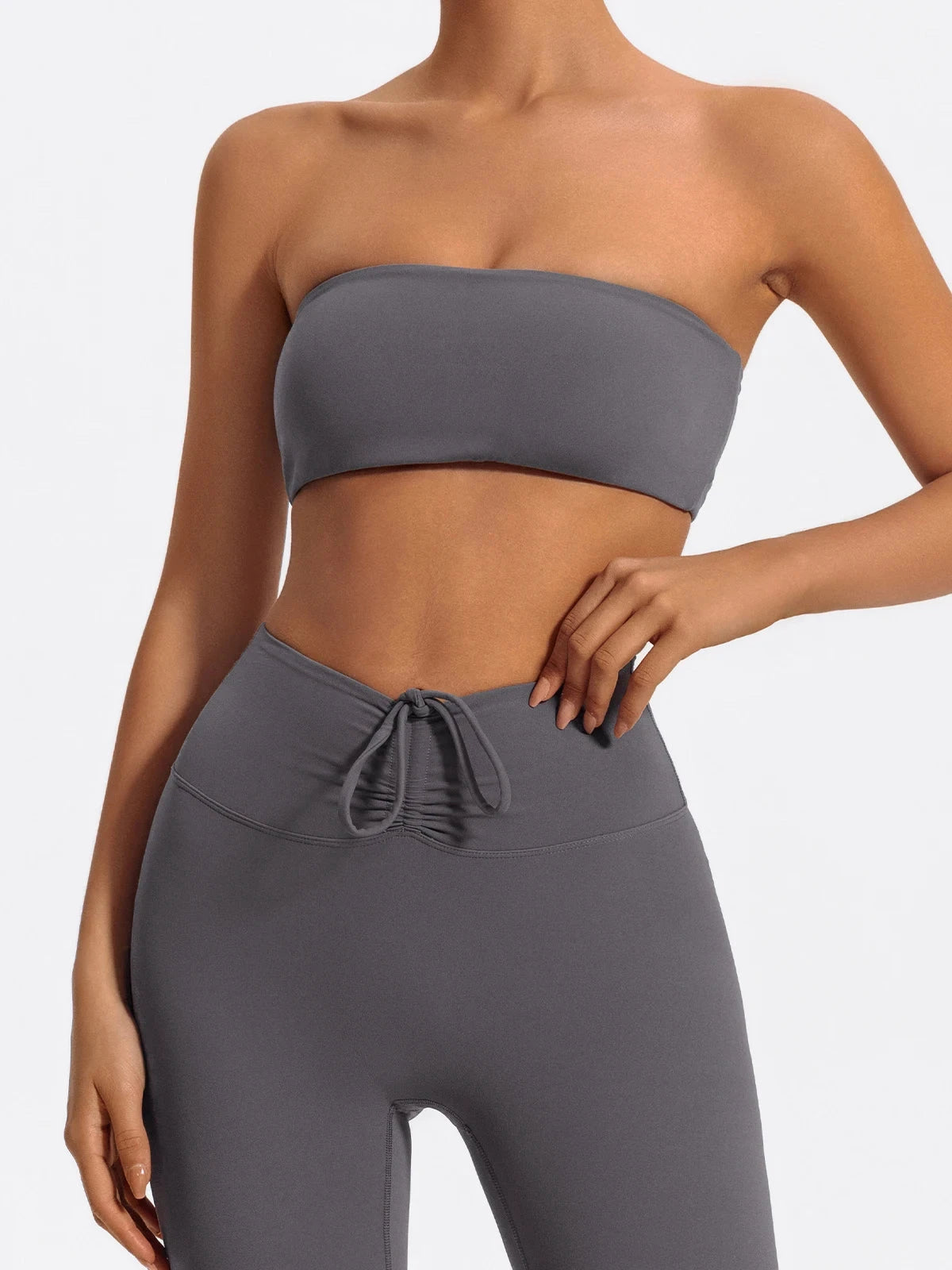 Two-piece women's fitness sports set with strapless bra and gym crop top, ideal for workout and yoga sessions, by The Clothing Company Sydney