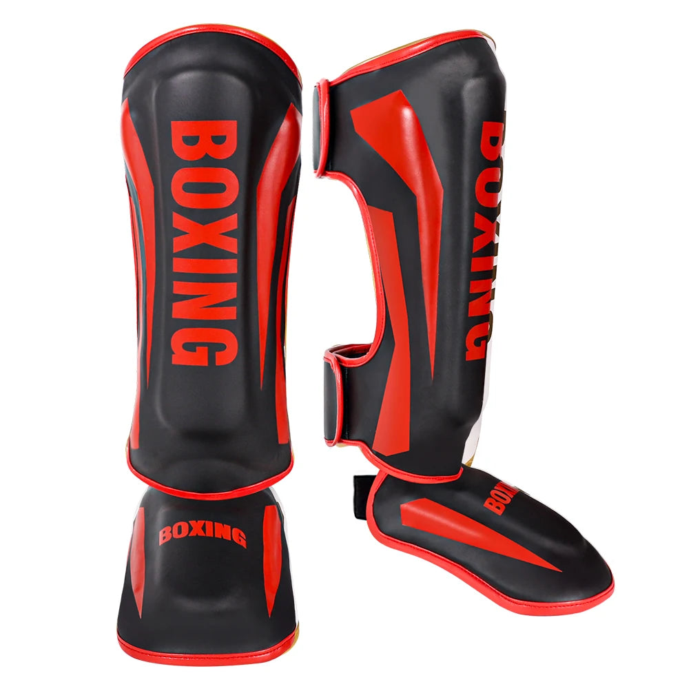 Muay Thai shin guards with foot and back protection for boxing, fighting, and taekwondo training