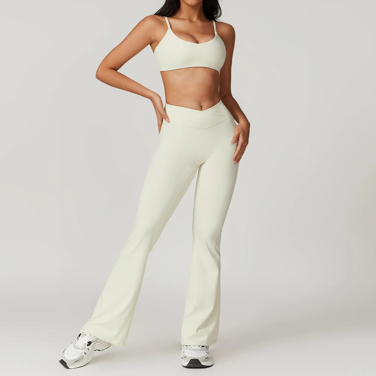 Two-piece women's fitness sportswear set from The Clothing Company Sydney, includes crop top, sports bra, and gym leggings.