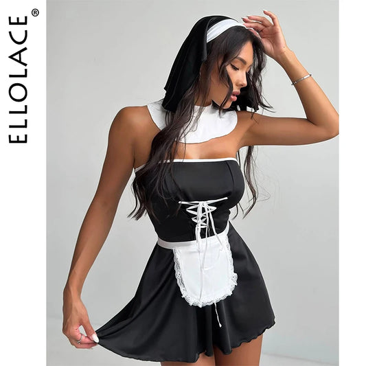 Maid Cosplay Dress 5 Piece Strapless Masquerade Party Dresses Backless Tie Apron Costume Set