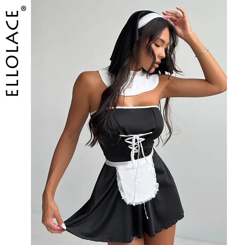 Strapless maid cosplay dress set with backless design, tie apron, and matching accessories by The Clothing Company Sydney.