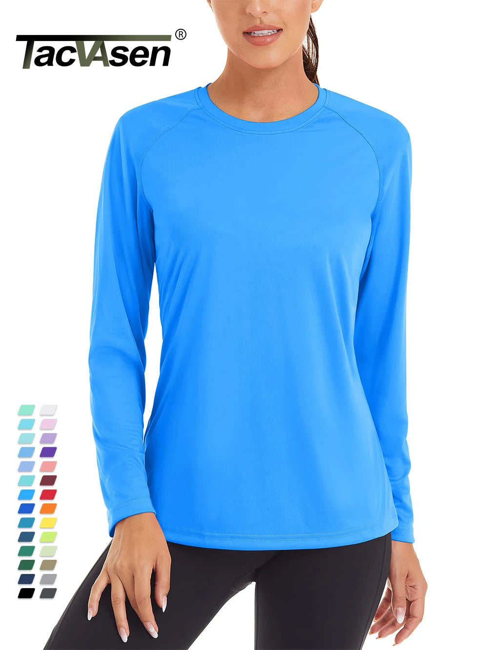 Women's UPF 50+ quick dry long sleeve T-shirt by The Clothing Company Sydney, ideal for sun protection and active wear.