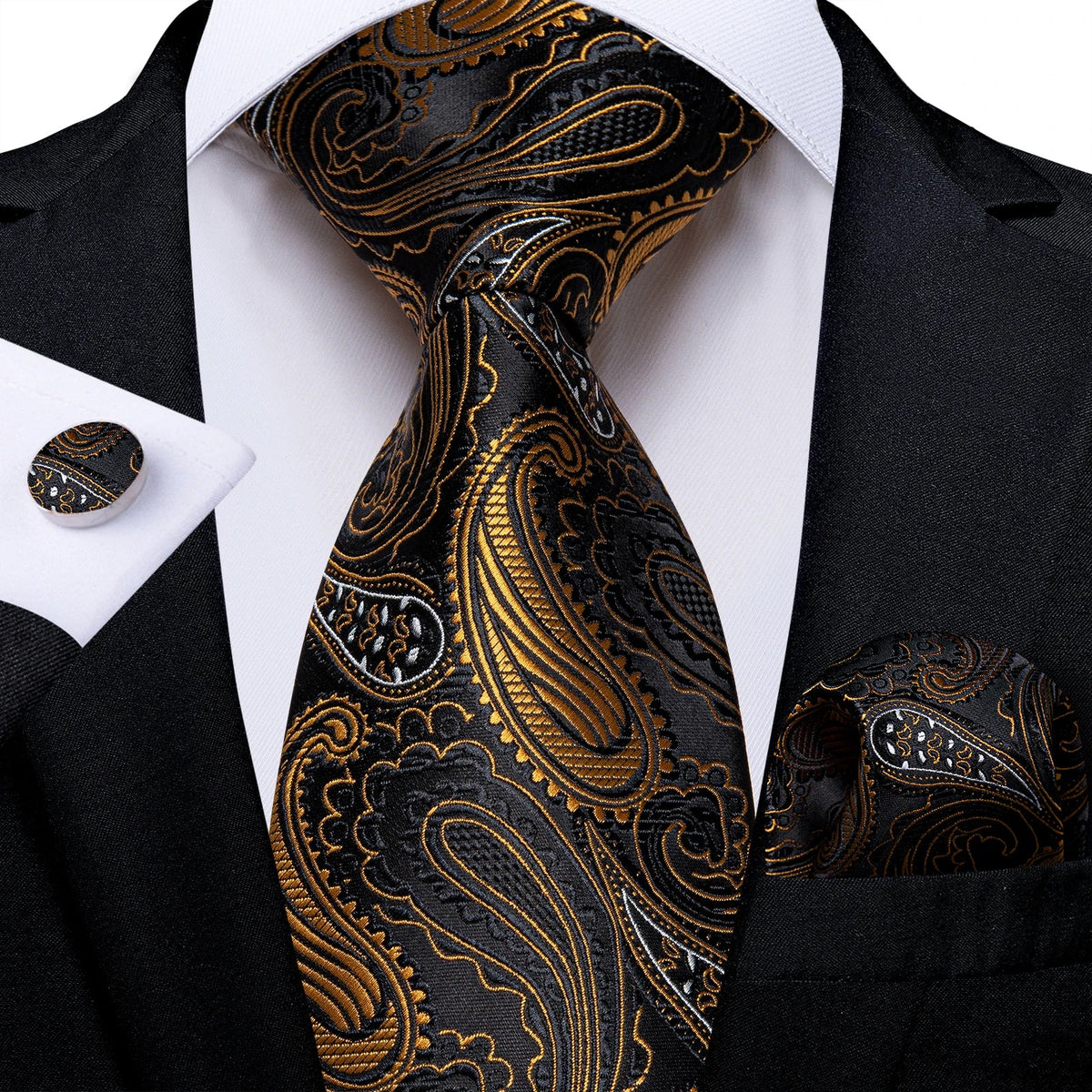 Luxury black and gold paisley silk tie set with matching pocket square and cufflinks, men's accessories by The Clothing Company Sydney