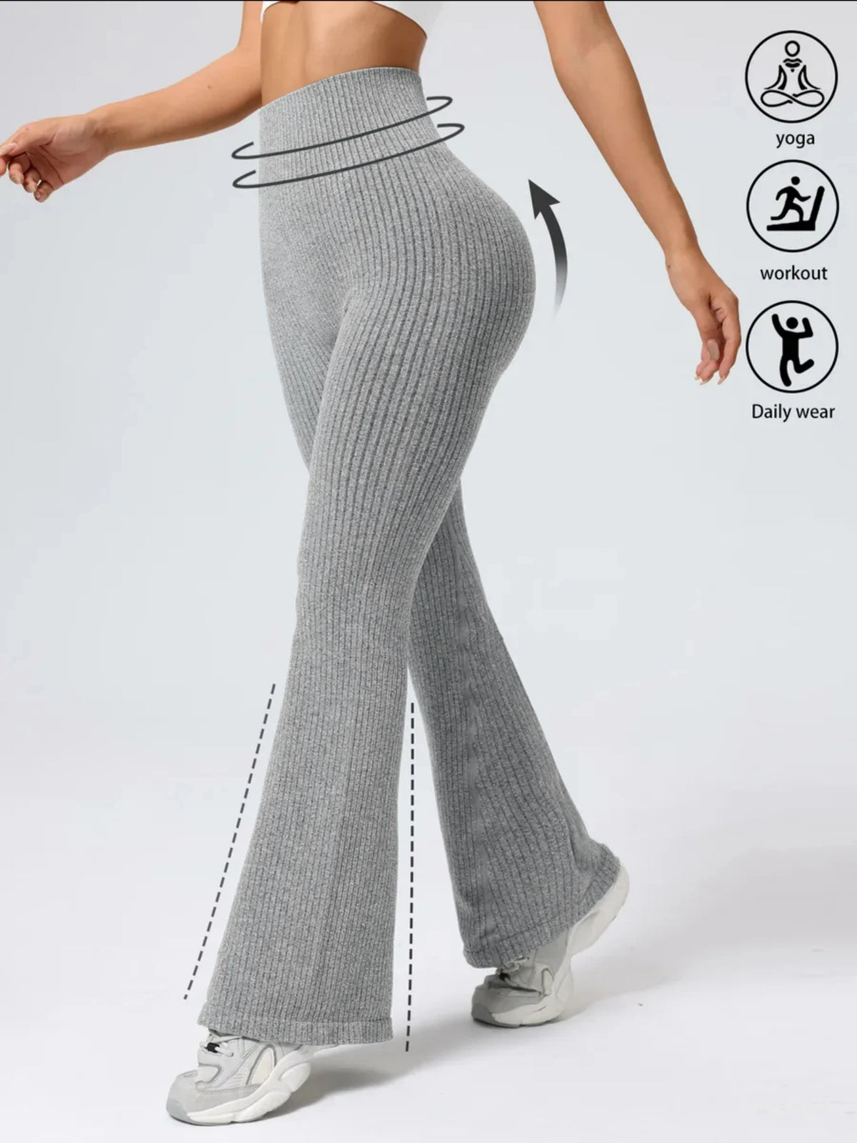 Women's high-waist bell bottom pants by The Clothing Company Sydney, sporty tight fit with elastic wide-leg style, comfortable and stylish.