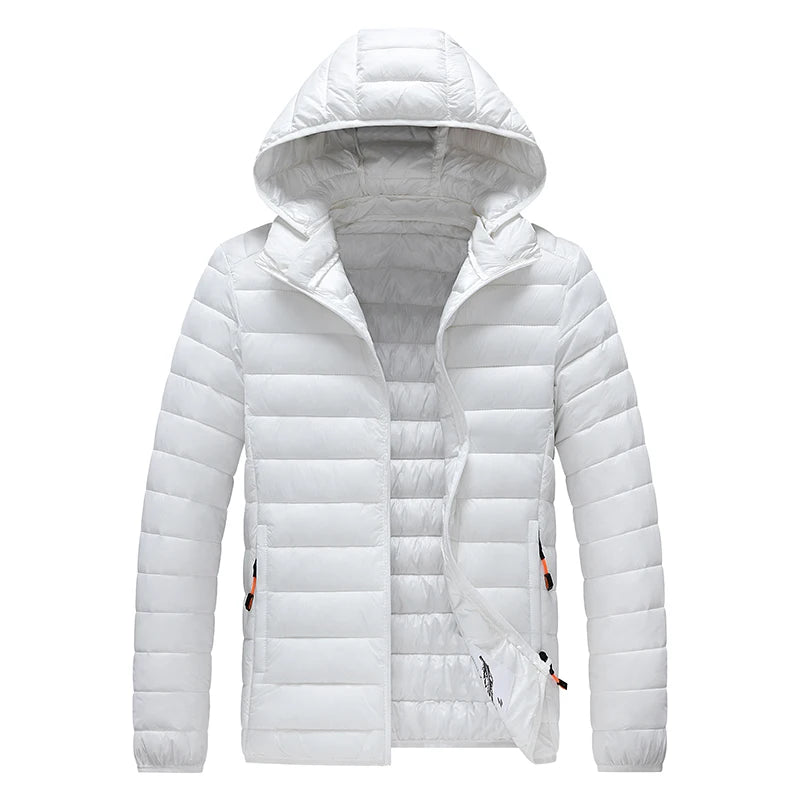 Men's hooded casual puffer down jacket by The Clothing Company Sydney, shown in black with a front zipper and quilted design.