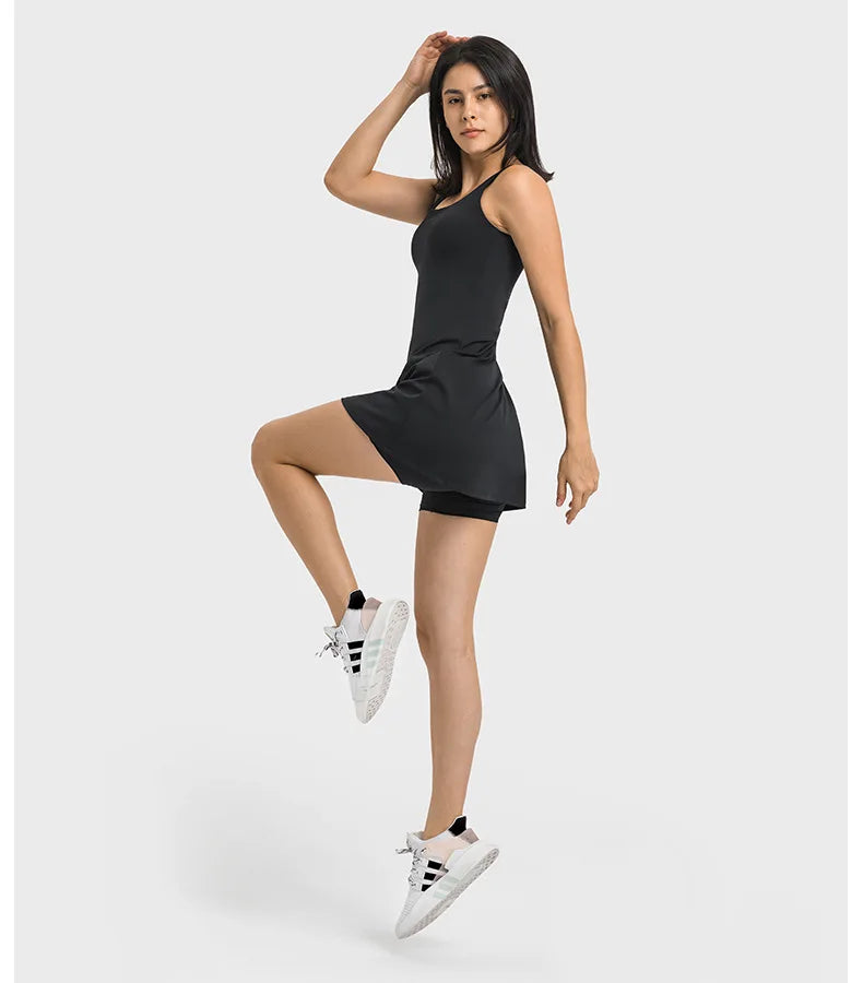 Square Neck Tennis Golf Dress Skirt Sleeveless Exercise Sport Dresses with Built In Shorts Pocket - The Clothing Company Sydney