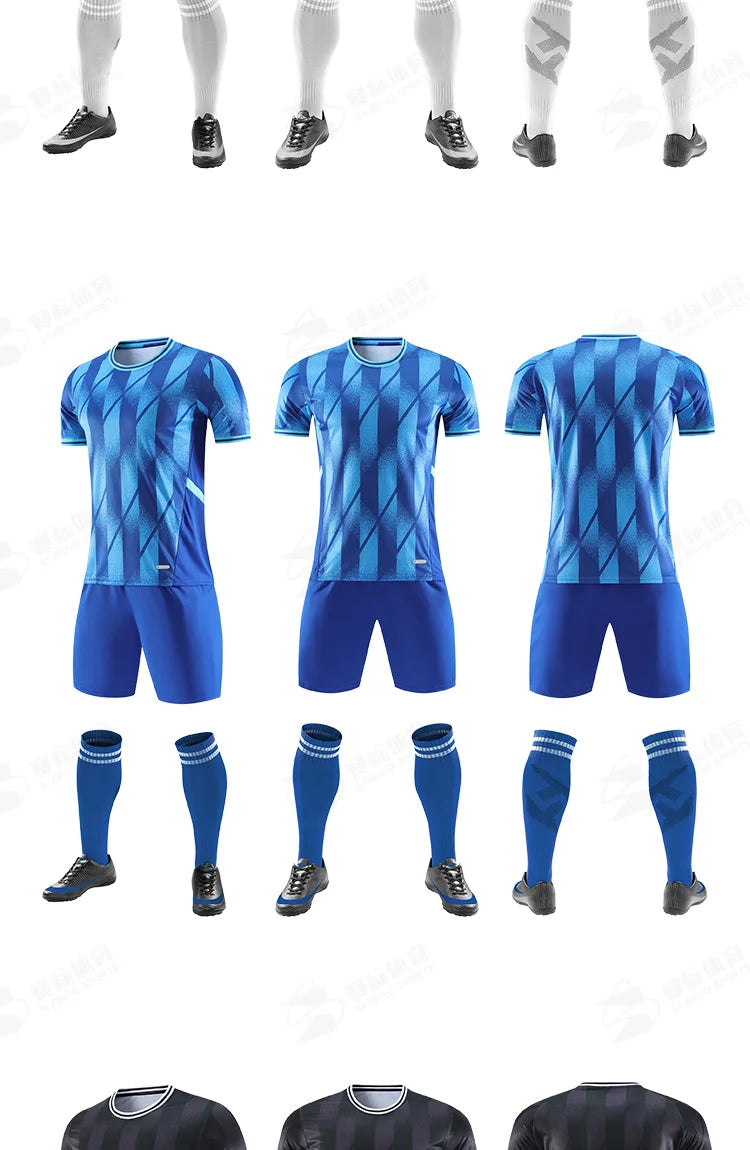Adult kids football jersey and soccer uniform set by The Clothing Company Sydney, quick-drying sportswear for team training.