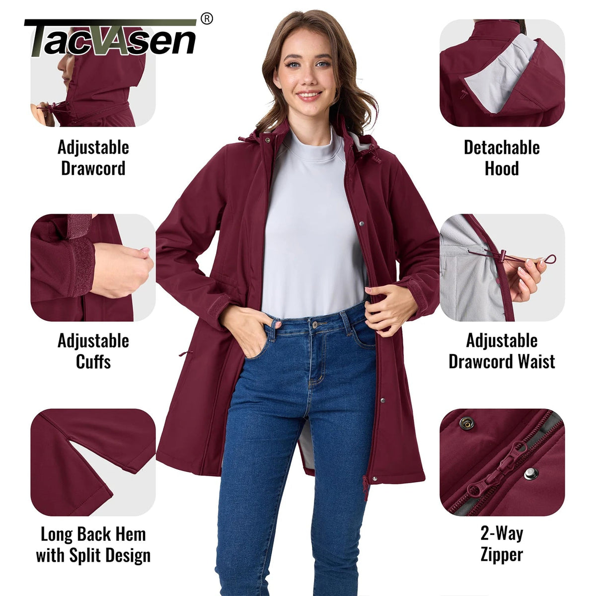 Women's long fleece-lined winter softshell jacket with hood, windproof raincoat, outdoor windbreaker, by The Clothing Company Sydney