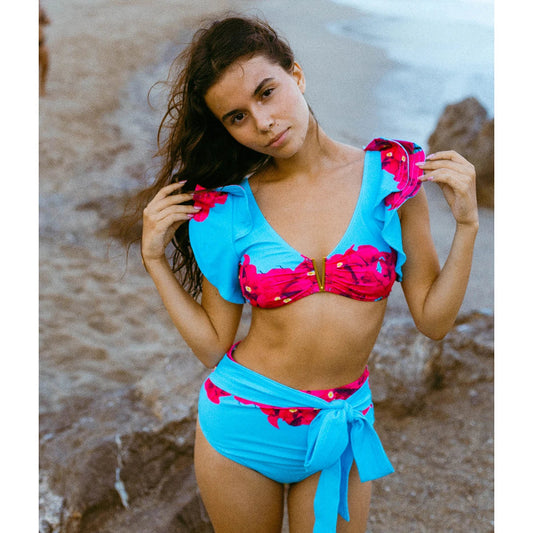V-Neck High Waist Bikini Sets Shoulder Ruffled Printed Swimsuit Two Piece Swimwear Bathing Suits The Clothing Company Sydney