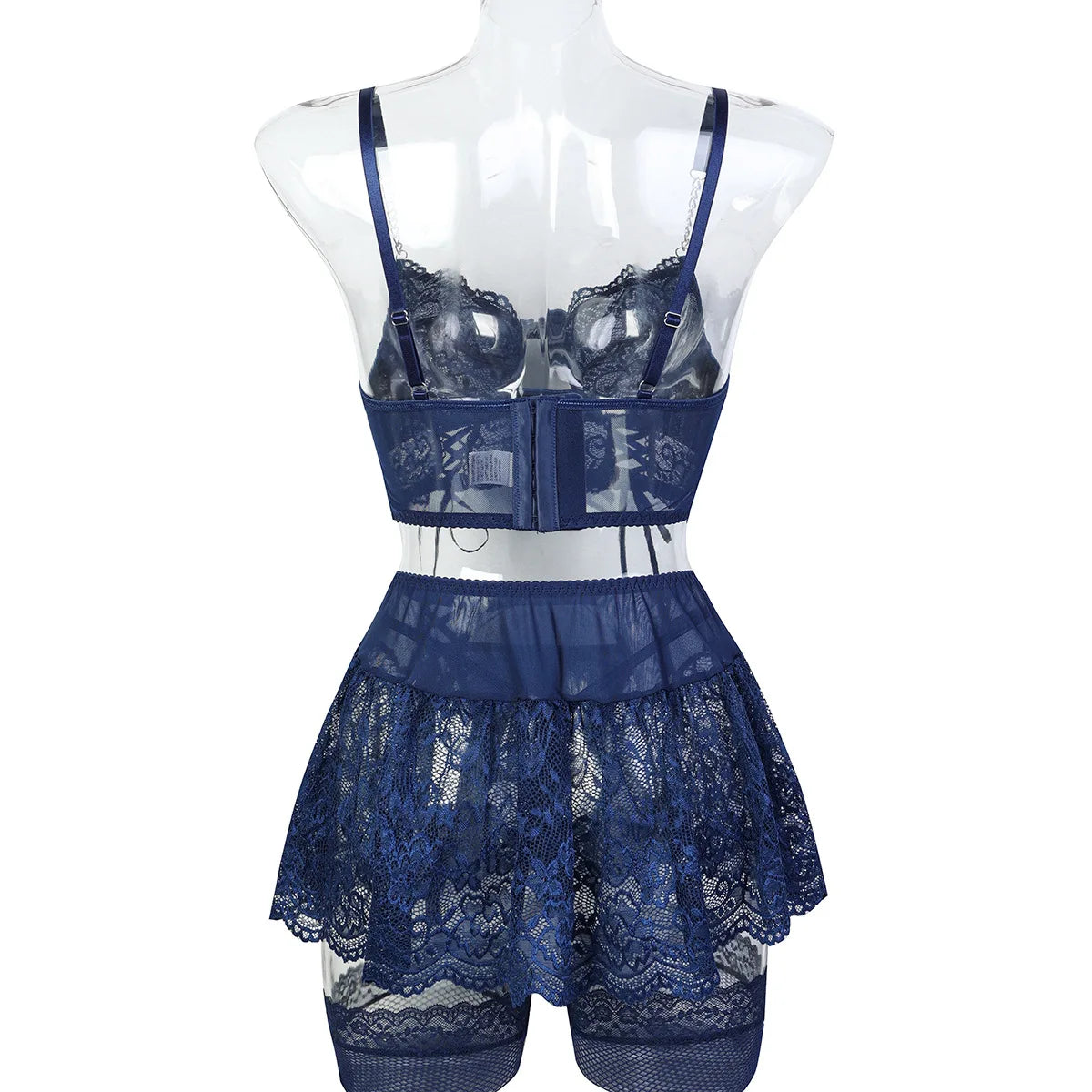 Elegant 5-piece women's lace lingerie set with G-string skirt from The Clothing Company Sydney, featuring intricate lace and Brazilian style.