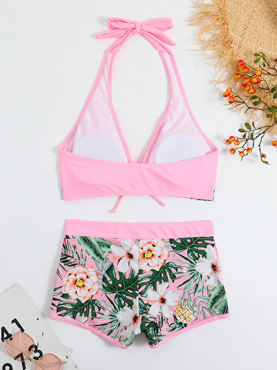 2 Piece Halter Bikini Set Shorts Swimsuit High Waist Swimwear Female Printed Bathers Swimming Bathing Swim Suit Beachwear - The Clothing Company Sydney