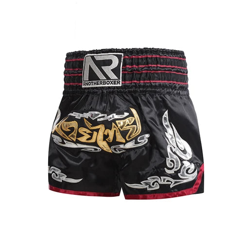 Unisex Muay Thai shorts from The Clothing Company Sydney, lightweight kickboxing and MMA training gear, shown in black and red.
