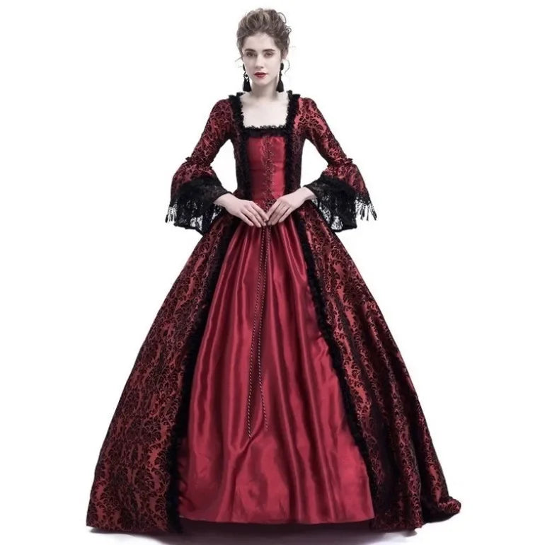 Medieval Victorian Gothic witch cosplay dress with lace patchwork, square neckline, flare sleeves, and maxi length from The Clothing Company Sydney.