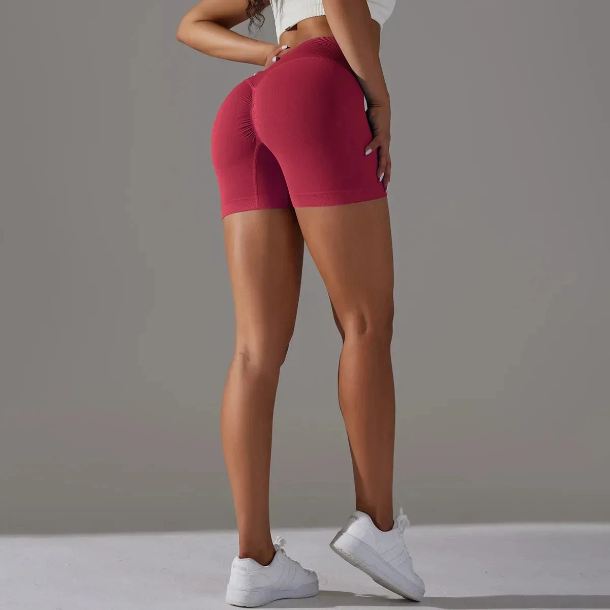 Women’s high waist fitness yoga leggings by The Clothing Company Sydney, seamless sports bike shorts with scrunch butt for workout and gym.