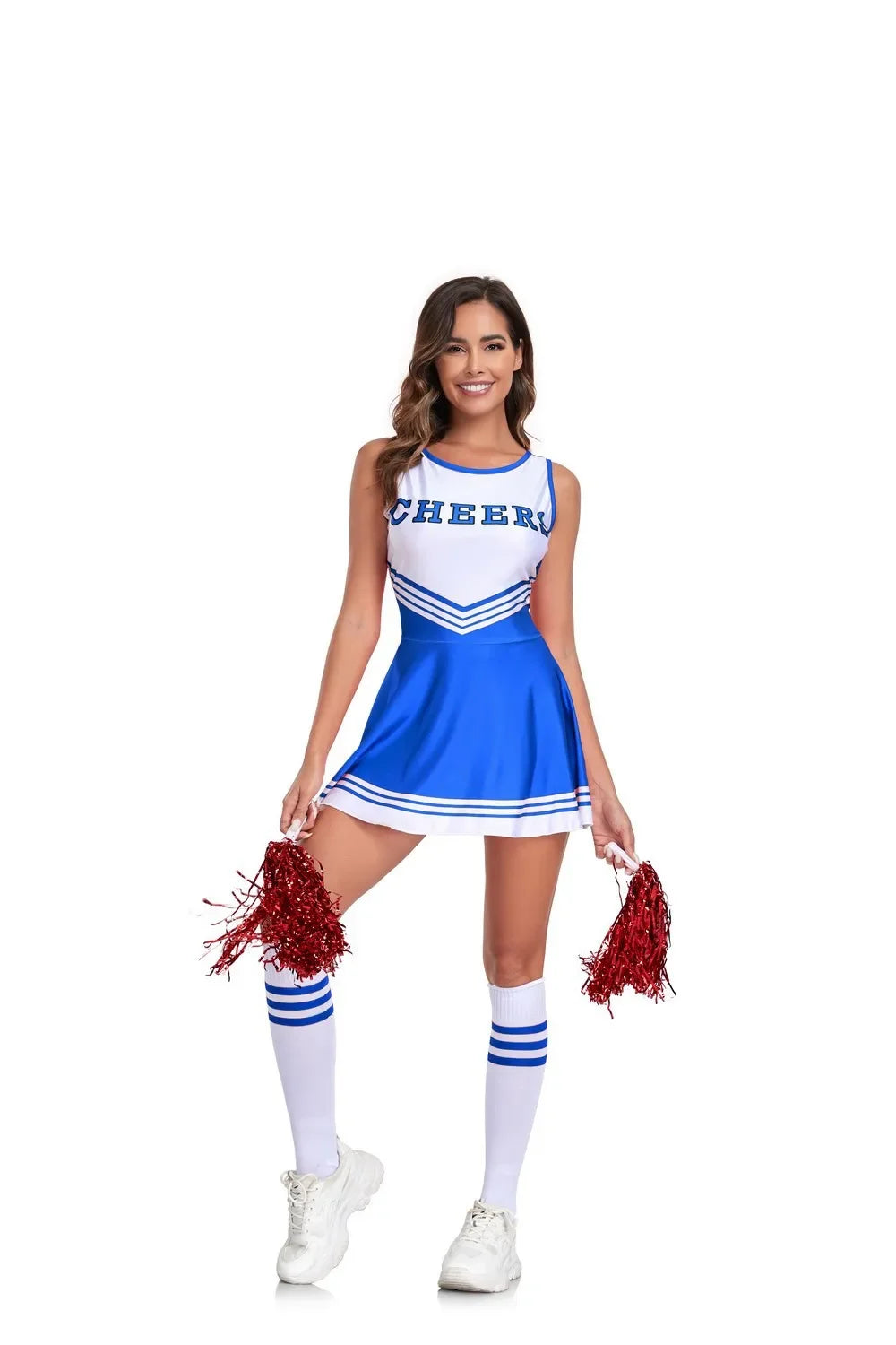 Cheerleader costume for women, featuring a sports uniform set with a cheerleading top and skirt, ideal for Halloween or cosplay events.