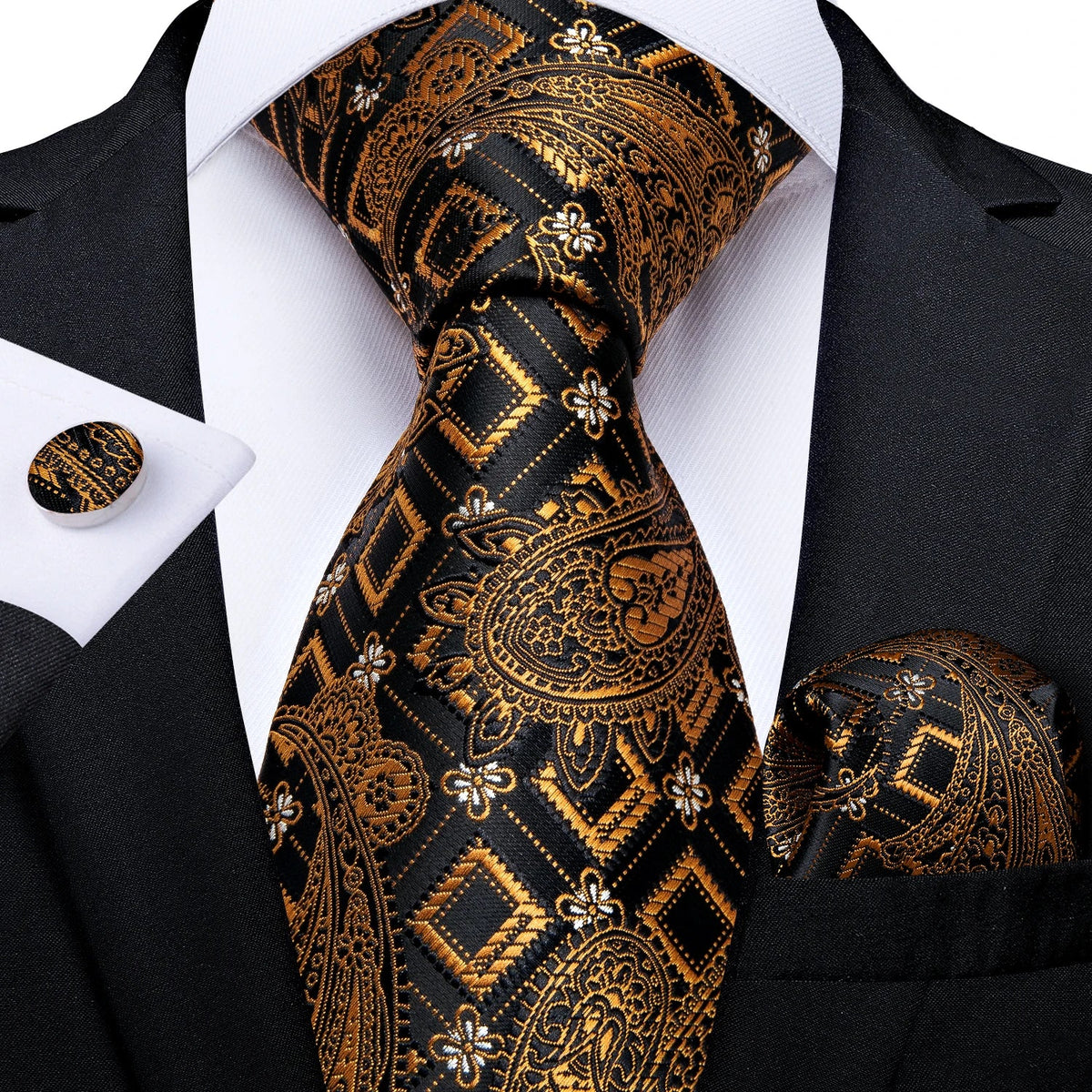 Luxury black and gold paisley silk tie set with matching pocket square and cufflinks, men's accessories by The Clothing Company Sydney
