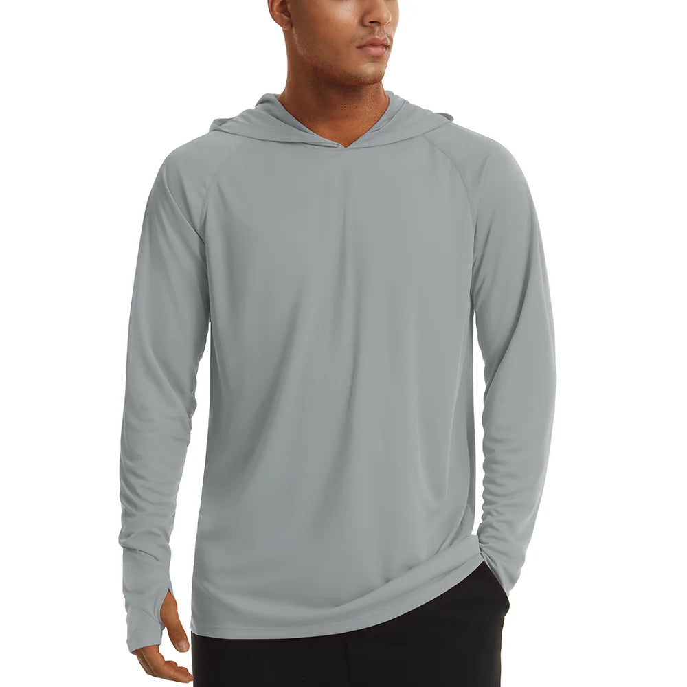Men's UPF 50+ hooded T-shirt by The Clothing Company Sydney, quick-dry long sleeve outdoor sports hoodie for sun protection.