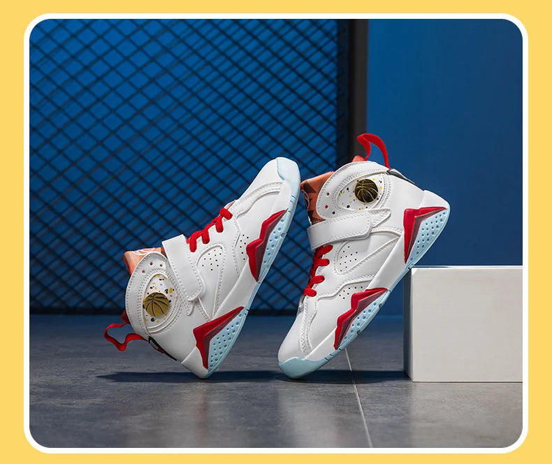 Kids boys’ basketball shoes by The Clothing Company Sydney, non-slip outdoor sports sneakers with breathable mesh and supportive soles.