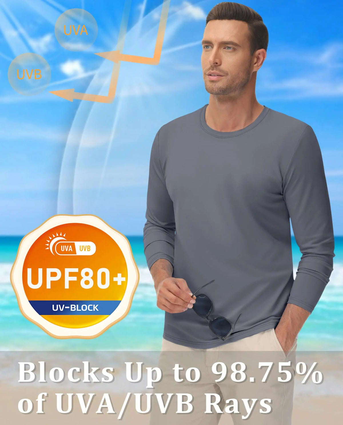Men's UPF 80+ sun protection athletic long sleeve T-shirt by The Clothing Company Sydney, quick-dry performance sports rash guard.