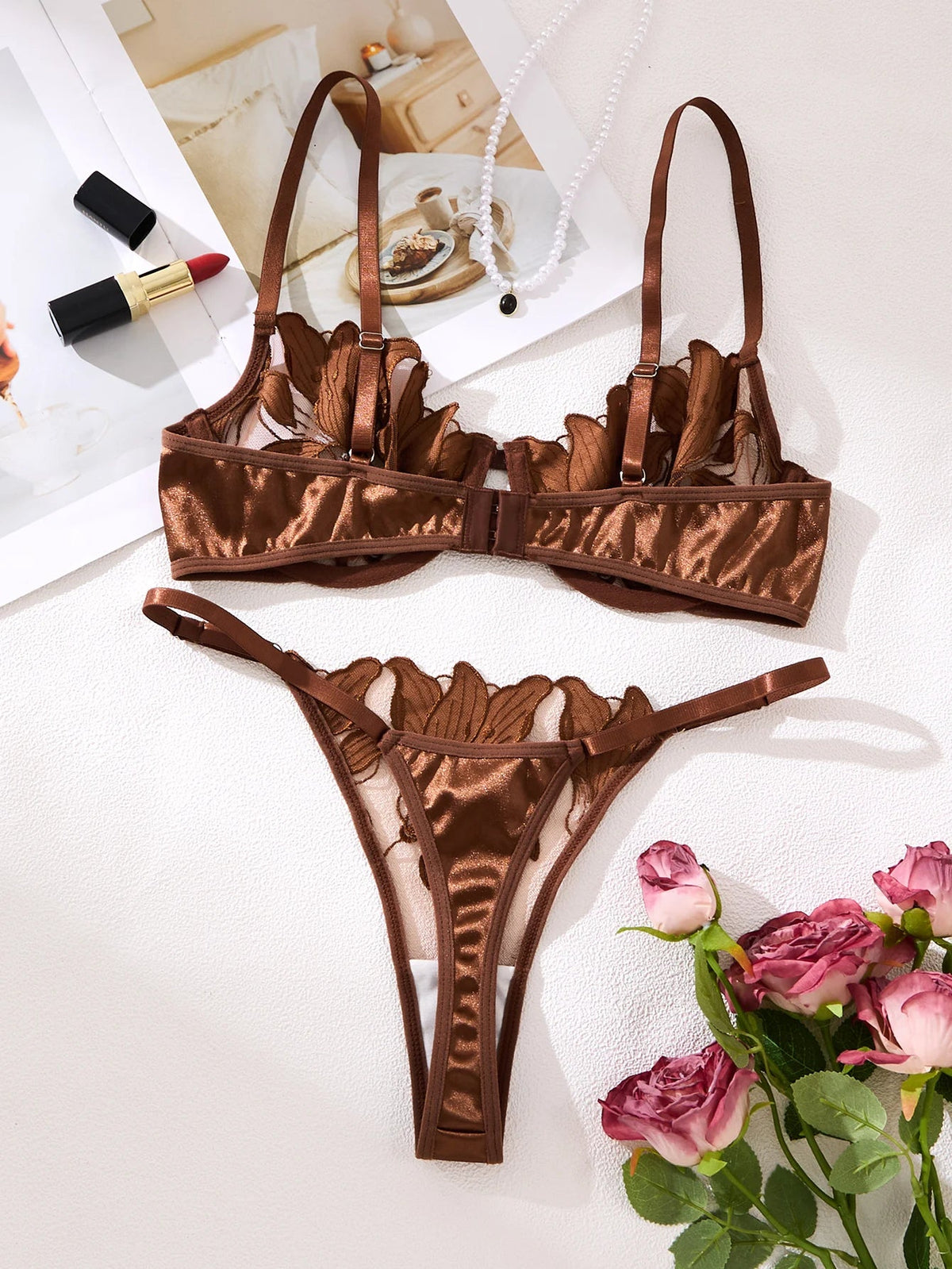 2 Piece Coffee Coloured Embroidered Print Floral Design Lingerie Set The Clothing Company Sydney