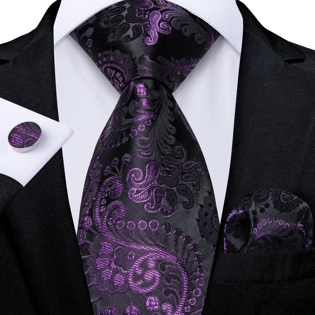 Luxury purple paisley silk tie set for men by The Clothing Company Sydney, featuring an 8cm wide silk tie and matching accessories.
