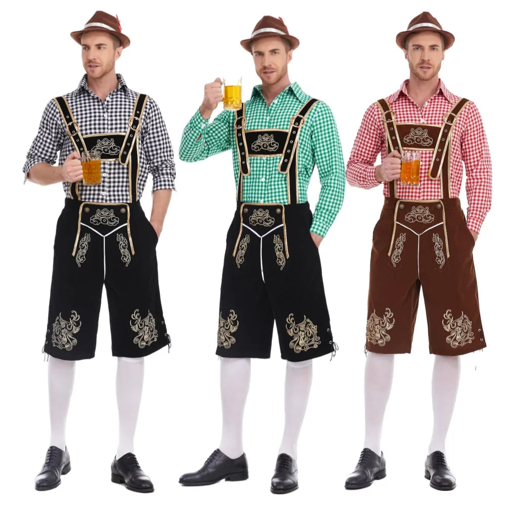 Men's Oktoberfest Lederhosen costume with suspenders, shirt, and hat for Bavarian German festivals, by The Clothing Company Sydney.