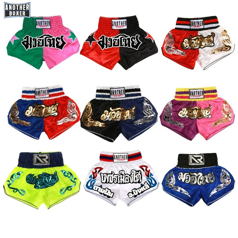 Men’s boxing shorts from The Clothing Company Sydney, kickboxing and Muay Thai fight pants for men, women, and kids in a gym setting.