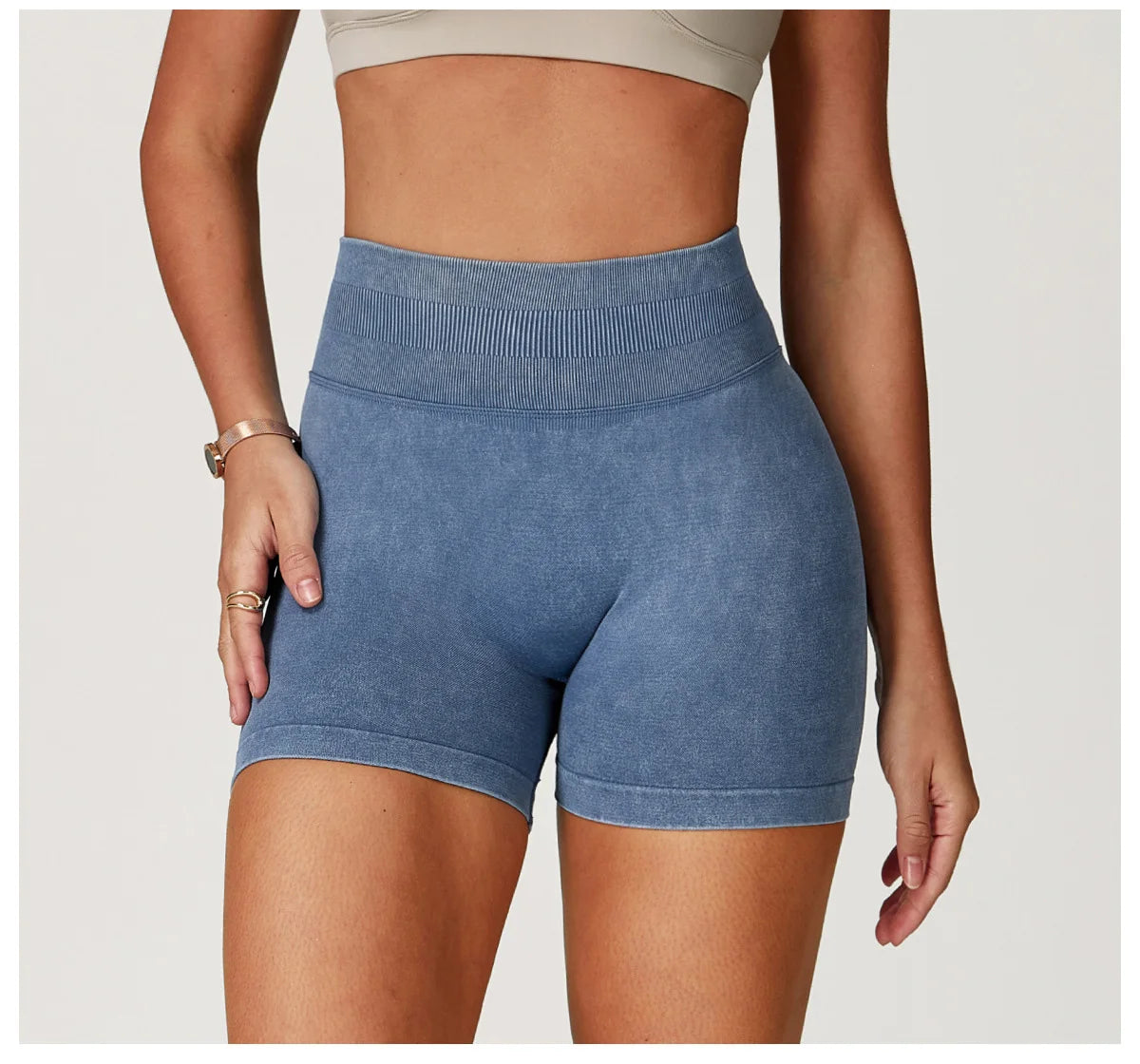 High waist yoga bicycle shorts for women by The Clothing Company Sydney, sand-washed fitness shorts for workout, running, and gym.