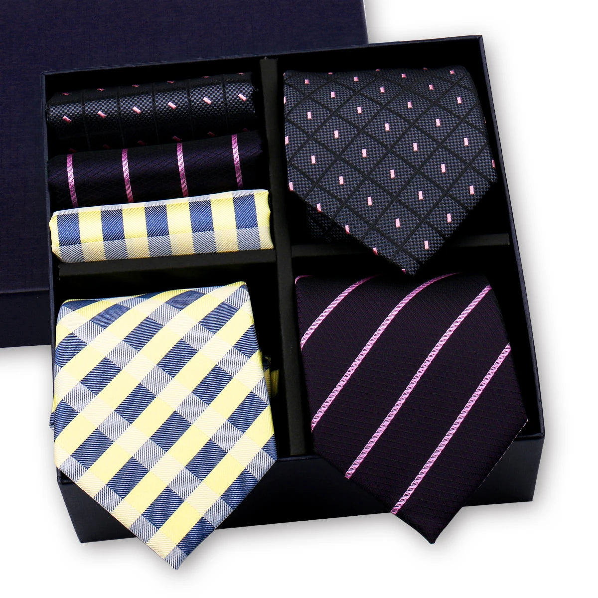Luxury men's tie set by The Clothing Company Sydney with paisley and striped necktie, matching handkerchief in stylish gift box.