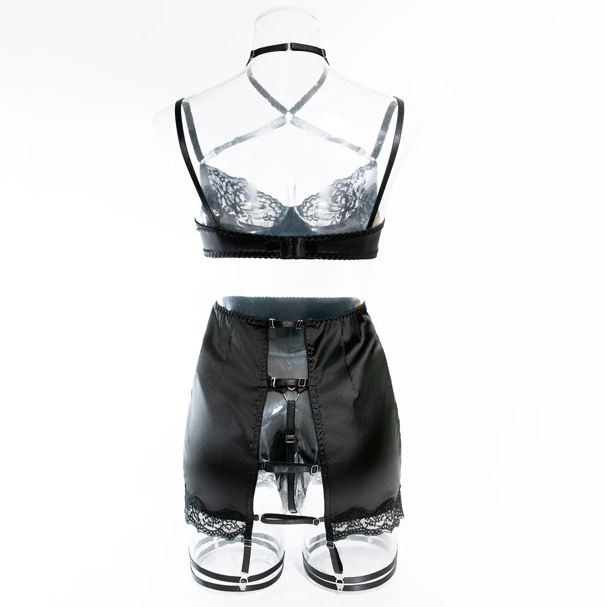Lace lingerie set featuring halter bra, heart g-string, and garter straps in an exotic underwear ensemble from The Clothing Company Sydney.