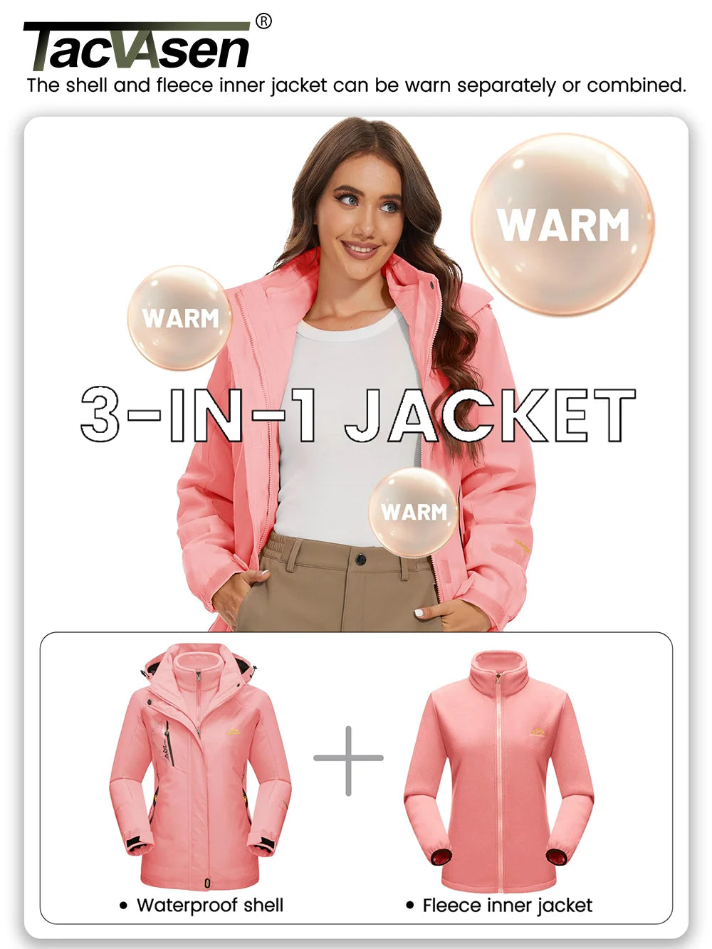 Women’s 3-in-1 winter fleece ski snowboard jacket by The Clothing Company Sydney, waterproof, windproof, with raincoat and outdoor features.