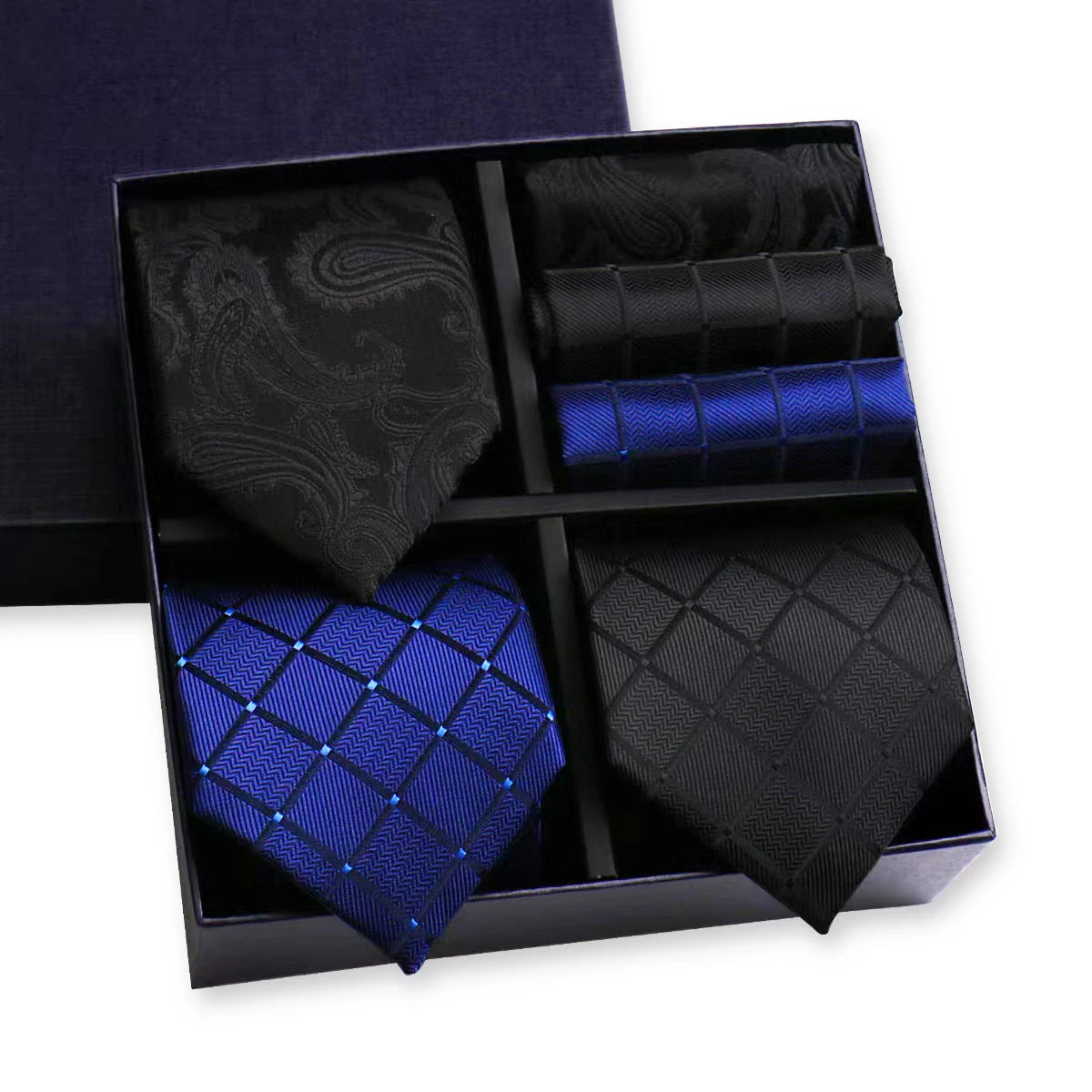 Luxury men's tie set by The Clothing Company Sydney featuring a paisley striped necktie and handkerchief in a gift box.