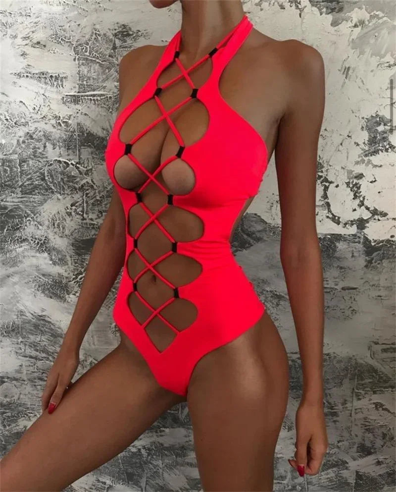 Black high-neck women's monokini with cut-out backless design, bandage style, from The Clothing Company Sydney.