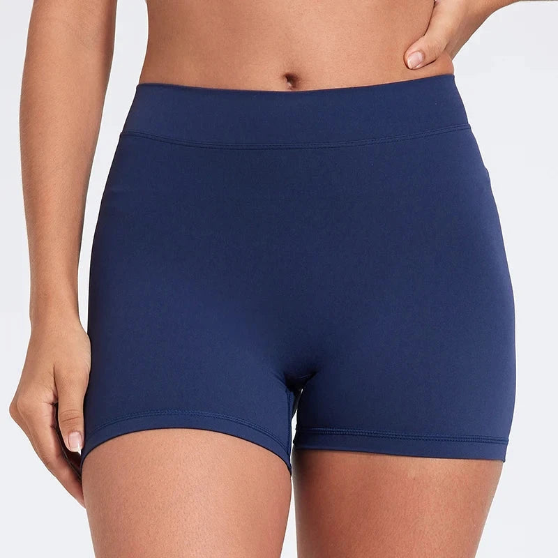High-waisted V-back yoga shorts by The Clothing Company Sydney, made of nylon, designed for fitness, training, and hip lifting.
