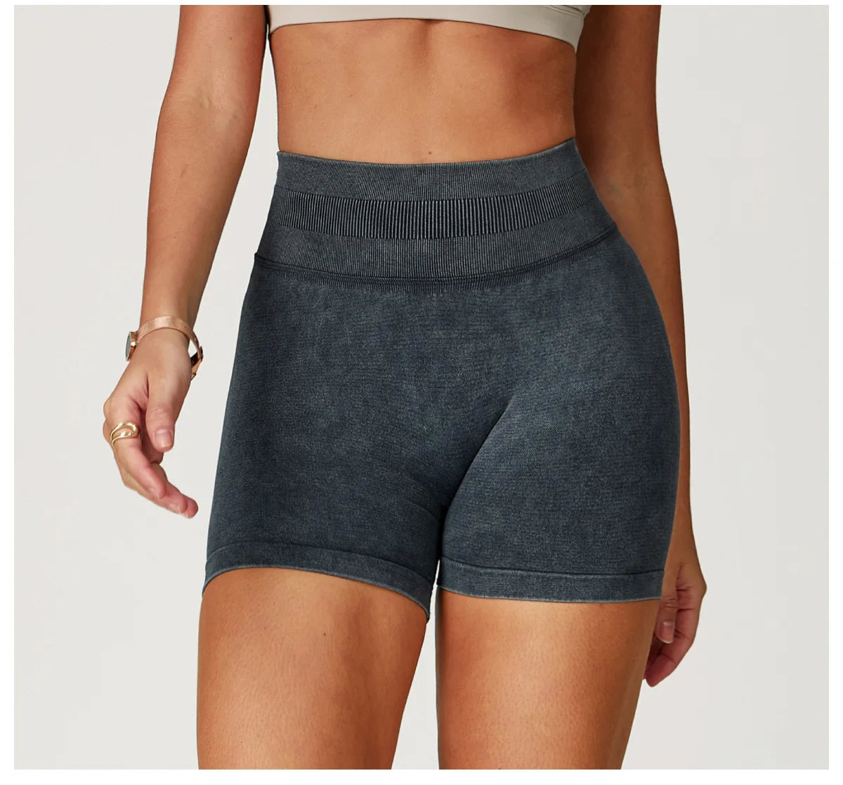 Sand washed high waist yoga and cycling shorts for women by The Clothing Company Sydney, featuring a comfortable fit for fitness and gym workouts.