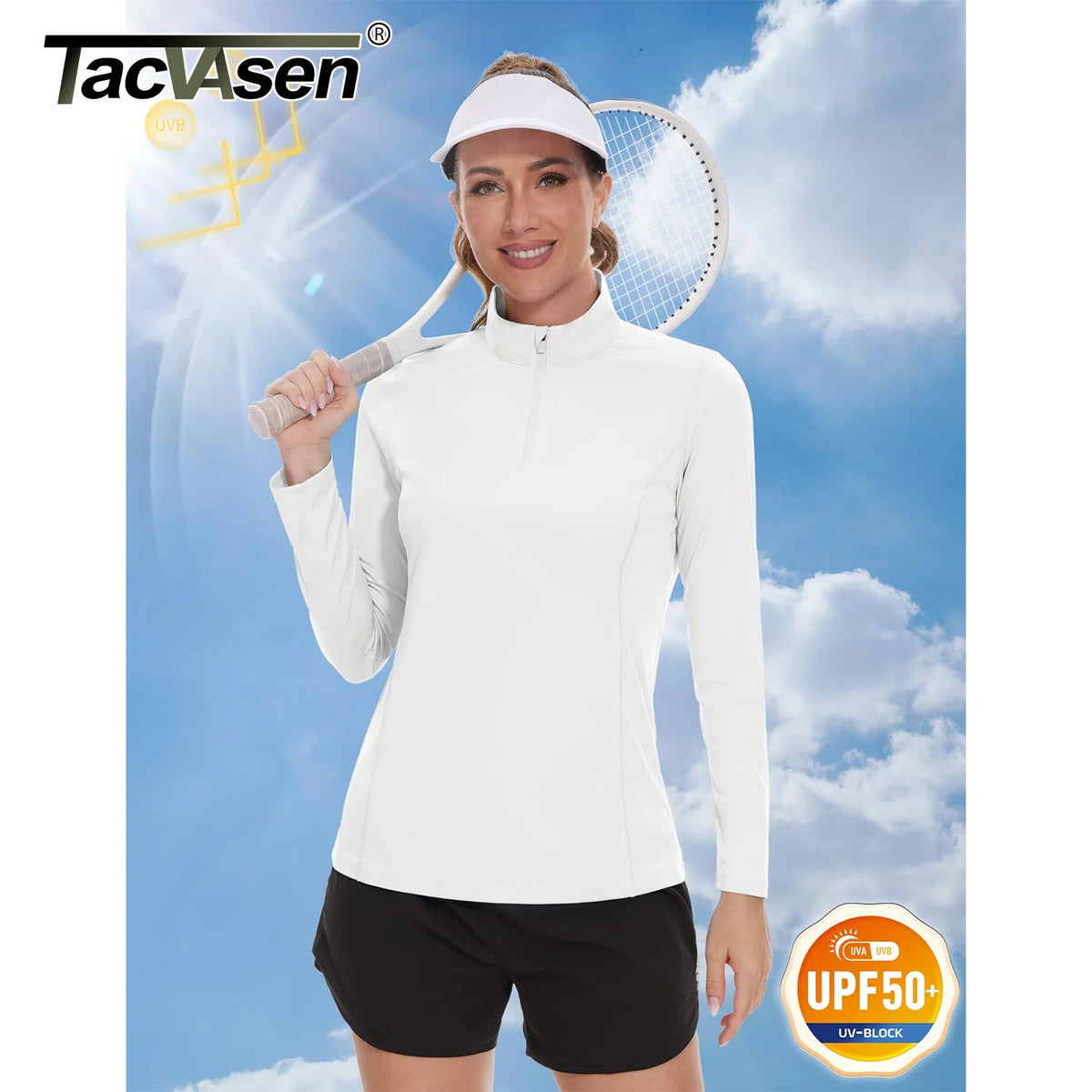 Women's UPF 50+ quick-dry long sleeve sun protection shirt by The Clothing Company Sydney, ideal for running, hiking, and outdoor activities.