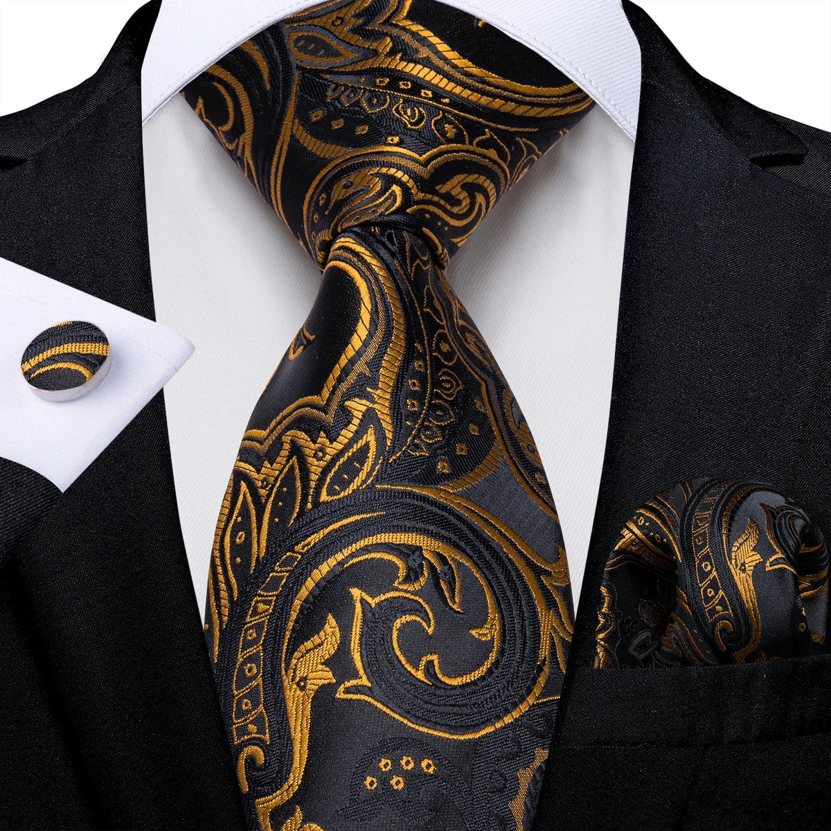 Luxury black and gold paisley silk tie set with matching pocket square and cufflinks, stylish men's accessories by The Clothing Company Sydney