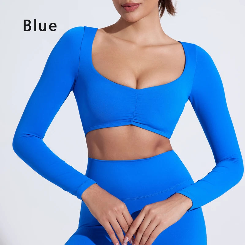 Nylon women's long-sleeve yoga top with pleated design from The Clothing Company Sydney, ideal for gym and fitness activities.