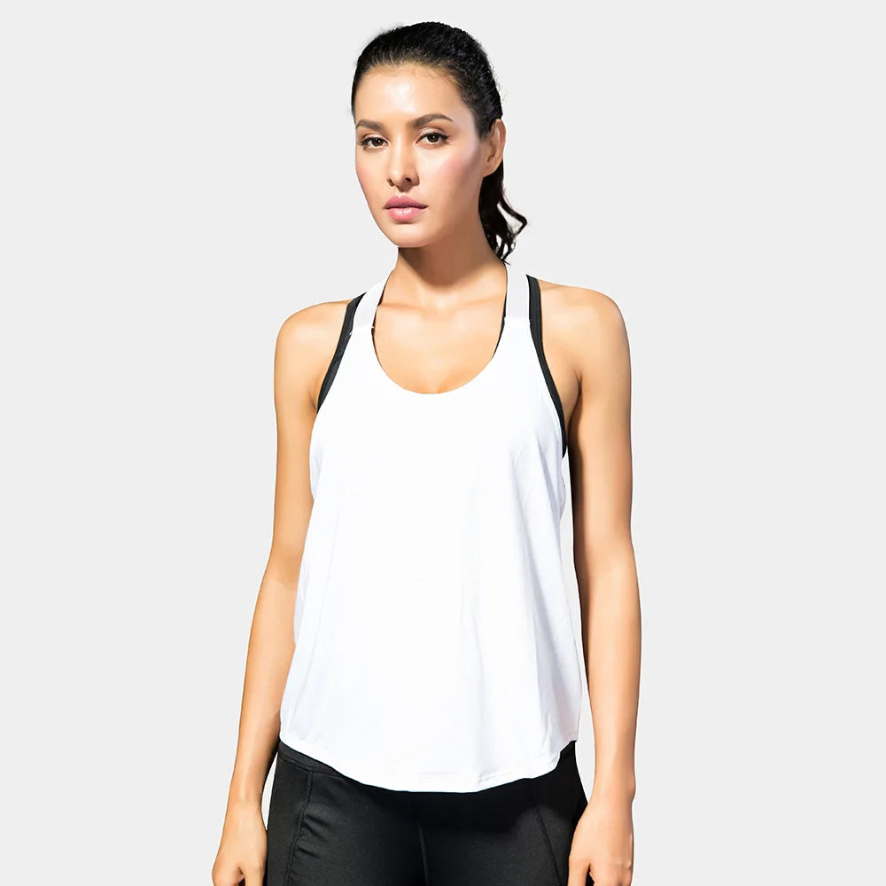 Black women's sleeveless gym top from The Clothing Company Sydney, backless yoga fitness shirt for running and workout activities.