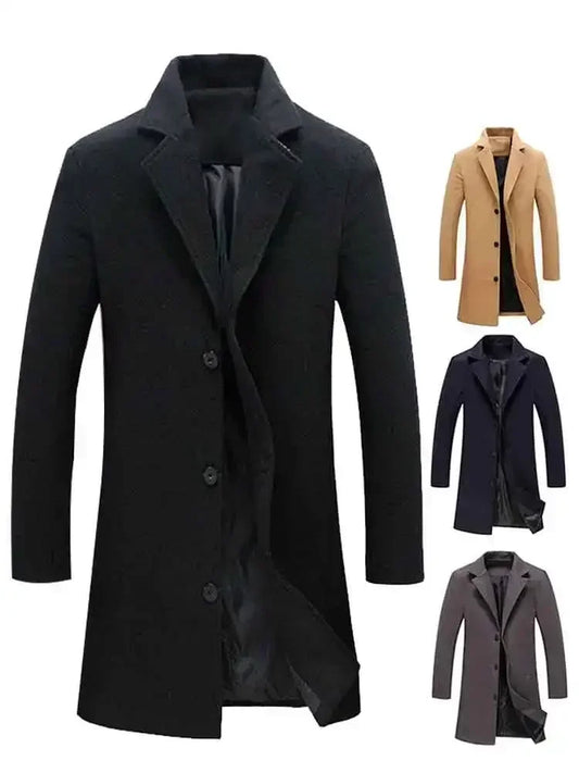 Single Breasted Lapel Long Coat Jacket Fashion Autumn Winter Casual Overcoat Plus Size Trench Men's Woolen Coats Solid Color - The Clothing Company Sydney