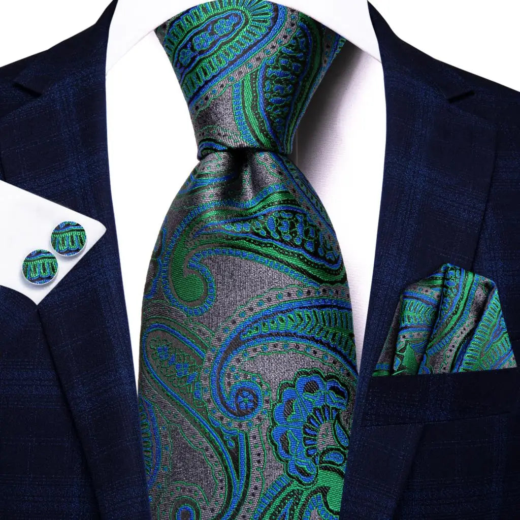 Green paisley silk tie set for men including necktie, pocket square, and cufflinks, from The Clothing Company Sydney accessories collection.