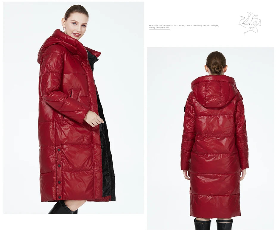 Women’s long hooded winter parka by The Clothing Company Sydney, thick quilted puffer jacket with pockets, ideal for cold weather.