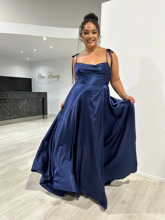 Mint green bridesmaid dress by The Clothing Company Sydney, backless satin gown with side slit and spaghetti straps for summer evenings.
