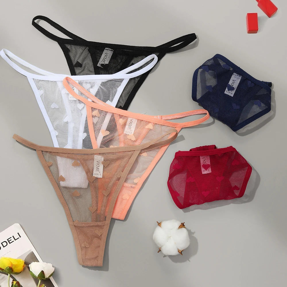 Two-piece lace sheer thong lingerie set with low waist, seamless design and heart-shaped mesh underpants for women.