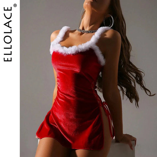 Womens Xmas Dresses Fluffy Velvet Dress Thong 2 Piece Set Sparkling Red Split Strap Up Elegant Party Cosplay Christmas Costume The Clothing Company Sydney